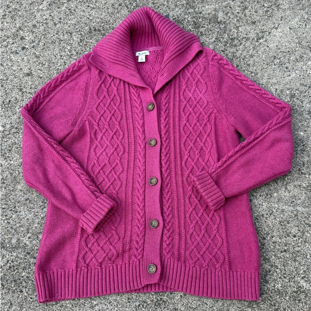 L.L.Bean 100% Cotton Cable Knit Cardigan Sweater – Button Front size M